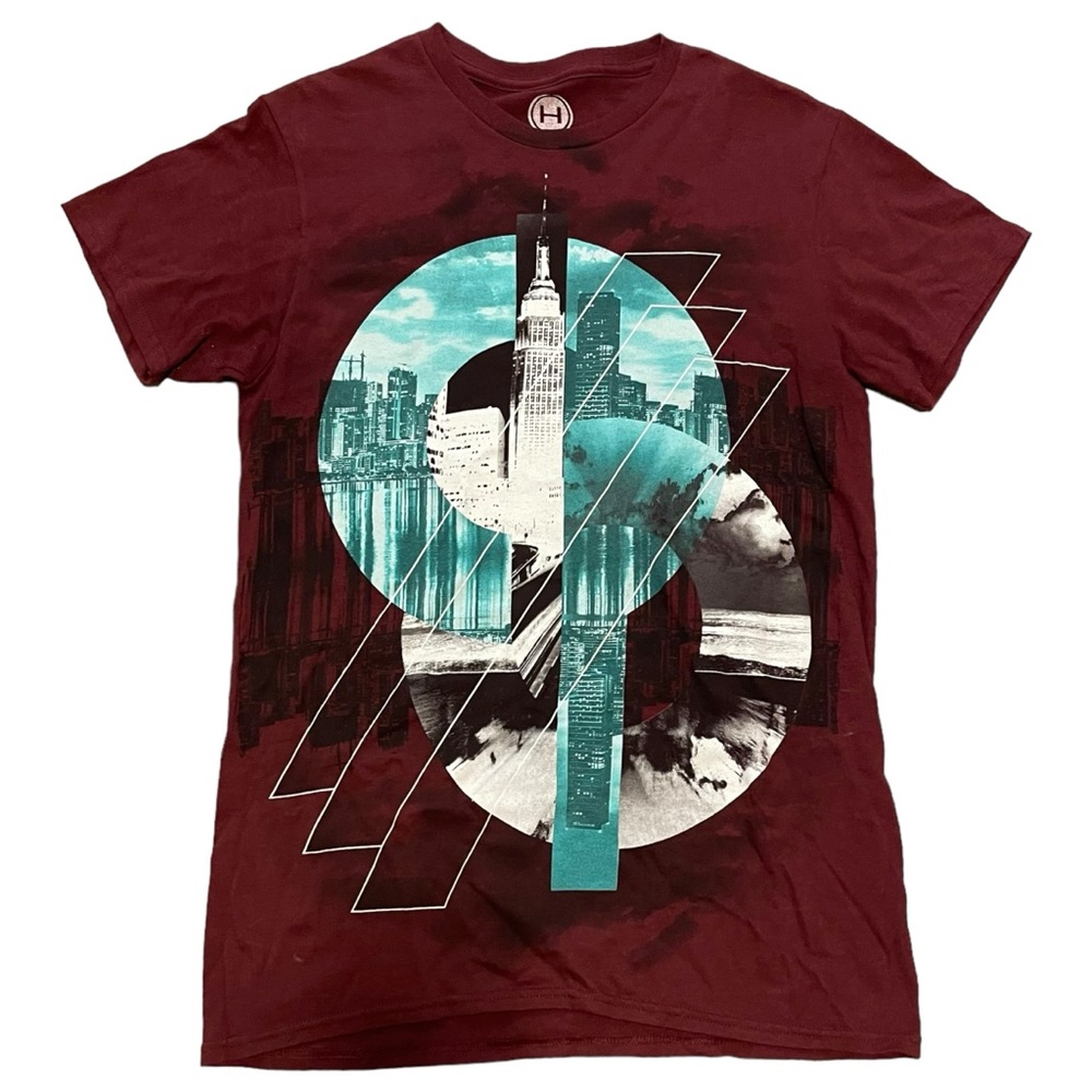 Cityscape Hybrid Threads T-Shirt Men's S Graphic Short Sleeve Maroon Burgundy